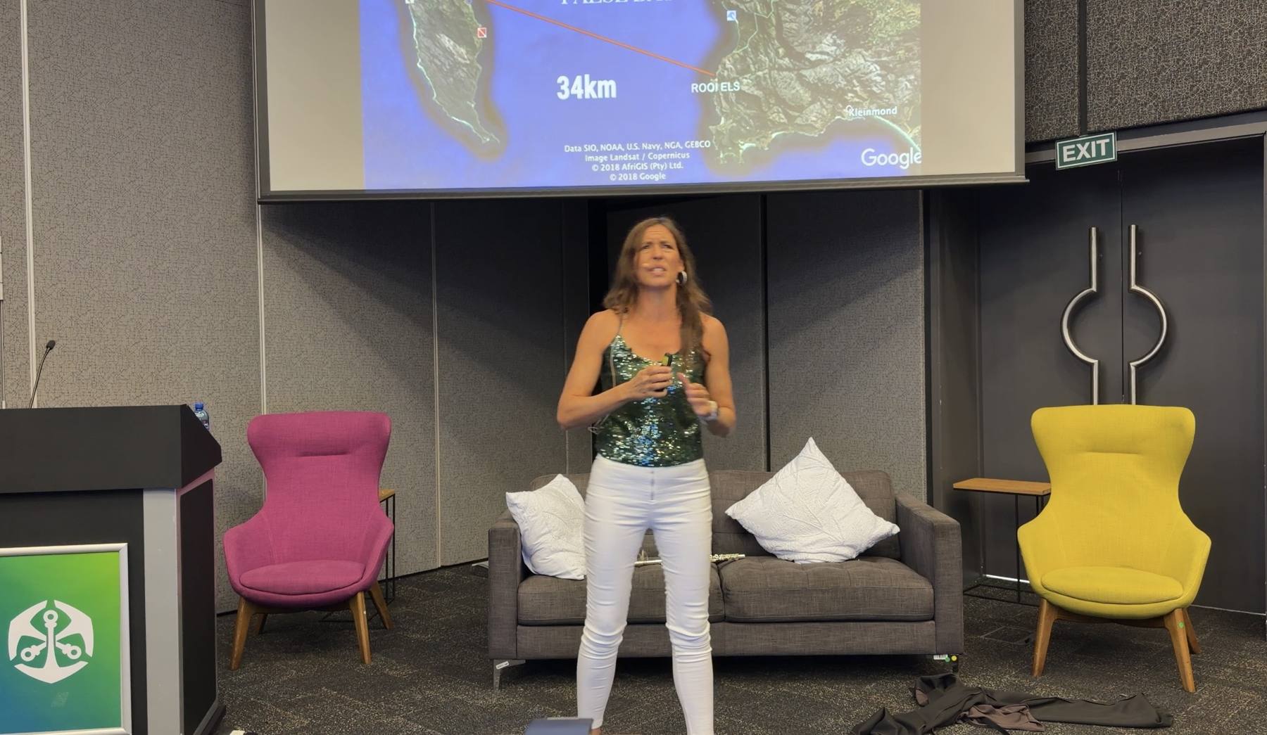 Carina Bruwer delivering a keynote on stage at Old Mutual