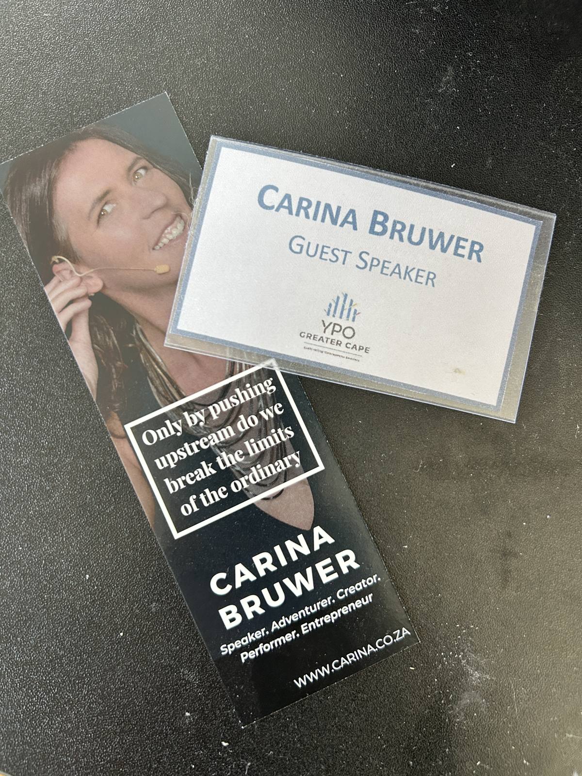 Carina Bruwer's guest-speaker card at the YPO Greater Cape women's event