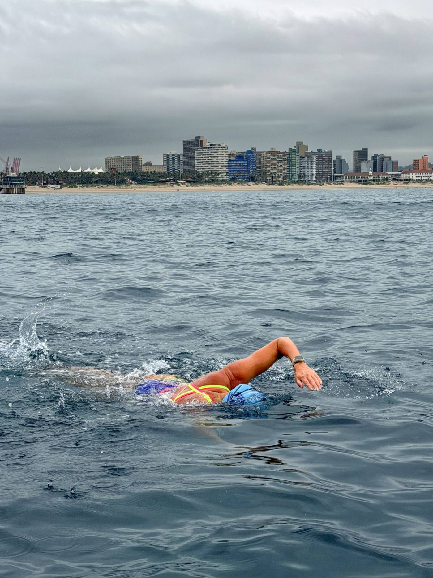 Carina Bruwer swimming off the Durban beachfront during the crossing