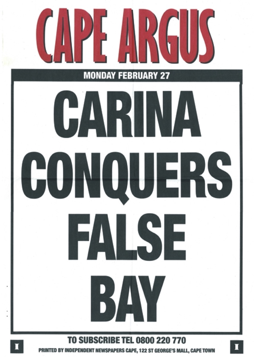 Cape Argus front-page headline: Carina Conquers False Bay