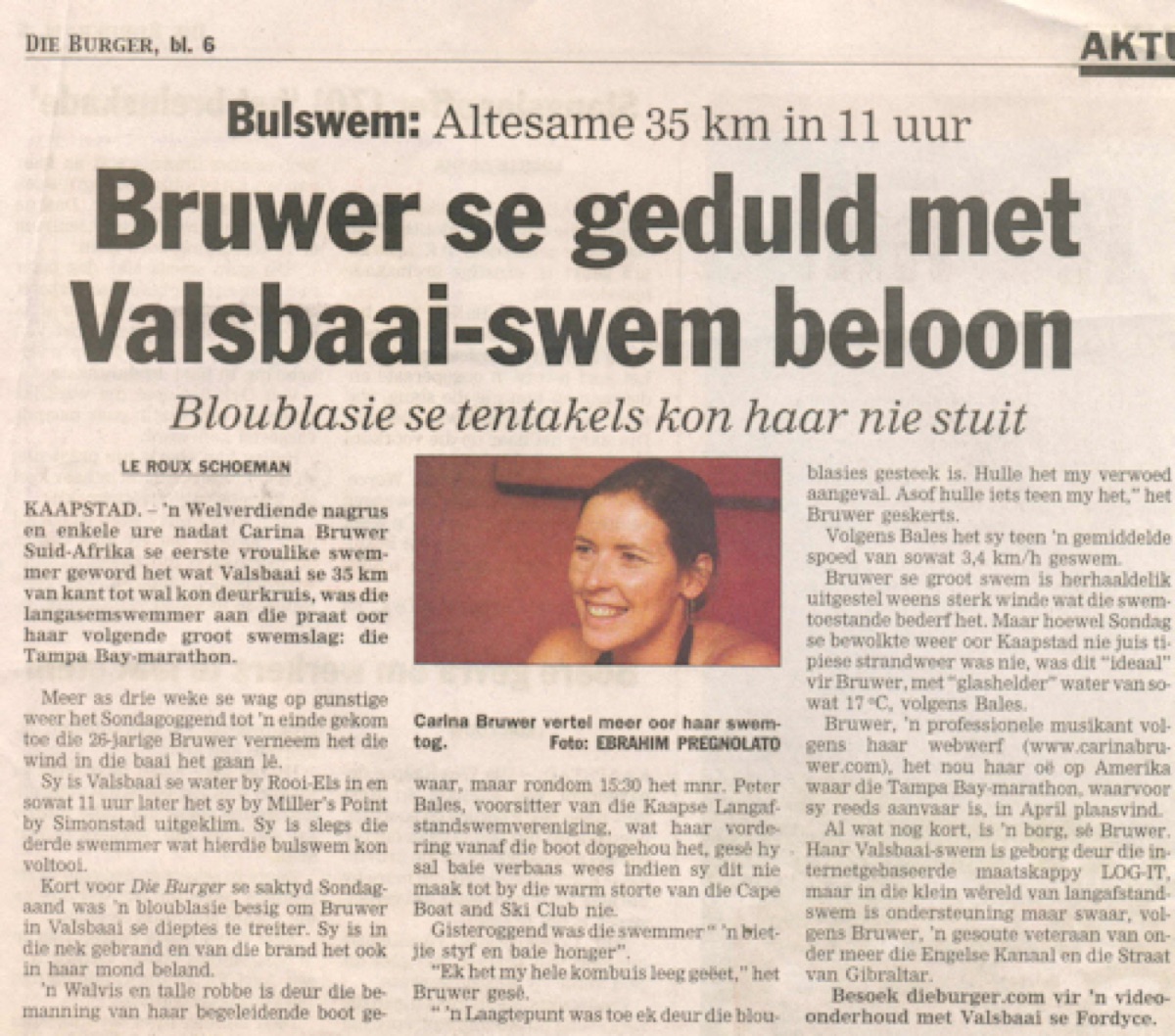 Die Burger feature on Carina Bruwer's False Bay crossing